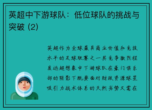 英超中下游球队：低位球队的挑战与突破 (2)