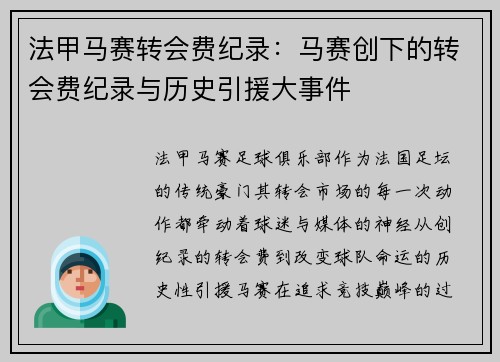 法甲马赛转会费纪录：马赛创下的转会费纪录与历史引援大事件