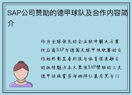 SAP公司赞助的德甲球队及合作内容简介